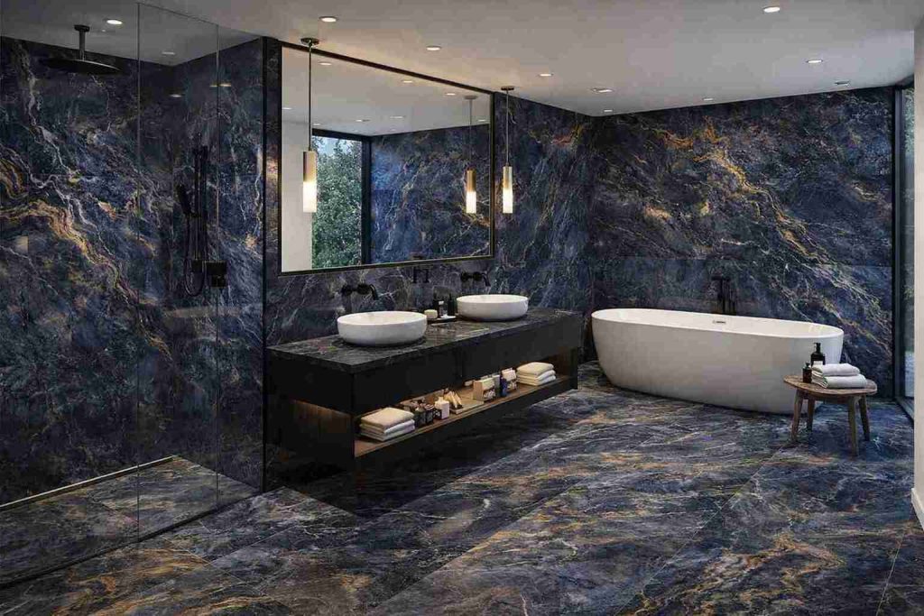 Modern bathroom with premium blue marble-finish tiles creating a luxury spa-style ambiance.